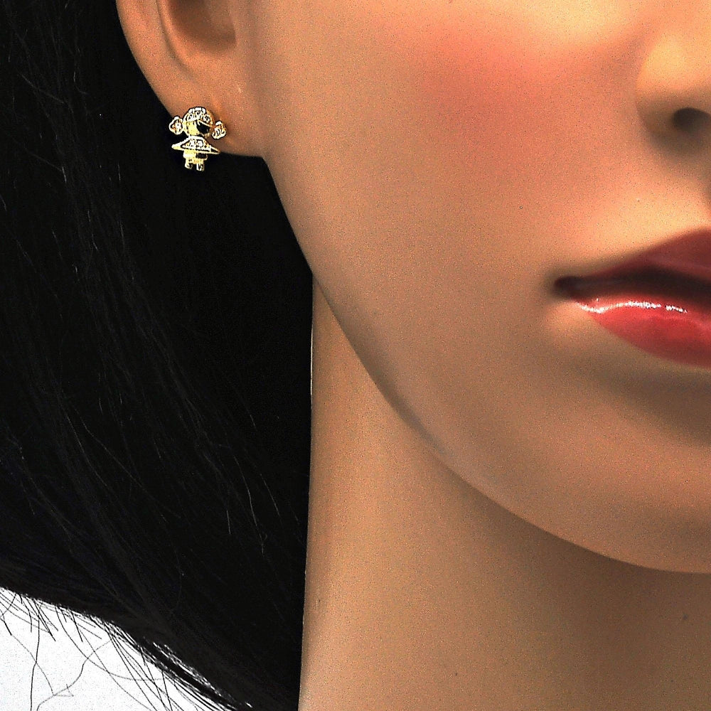Oro Laminado Earring and Pendant Adult Set, Gold Filled Style Little Girl Design, with White Micro Pave, Polished, Golden Finish