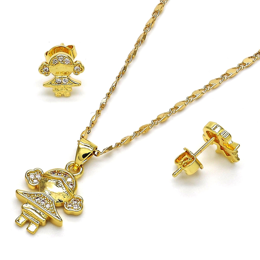 Oro Laminado Earring and Pendant Adult Set, Gold Filled Style Little Girl Design, with White Micro Pave, Polished, Golden Finish