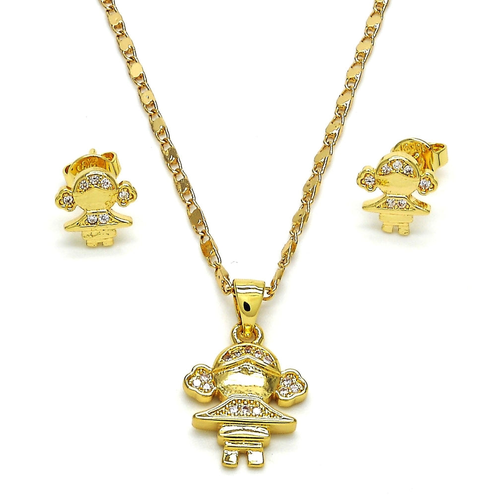 Oro Laminado Earring and Pendant Adult Set, Gold Filled Style Little Girl Design, with White Micro Pave, Polished, Golden Finish