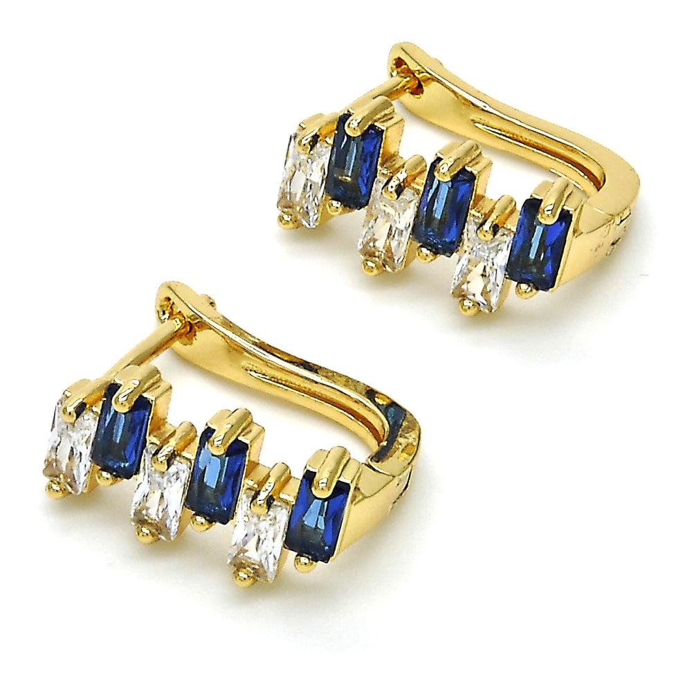 Oro Laminado Huggie Hoop, Gold Filled Style Baguette Design, with Sapphire Blue and White Cubic Zirconia, Polished, Golden Finish
