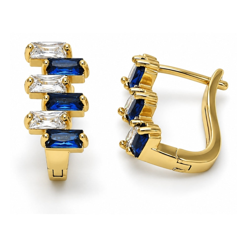 Oro Laminado Huggie Hoop, Gold Filled Style Baguette Design, with Sapphire Blue and White Cubic Zirconia, Polished, Golden Finish