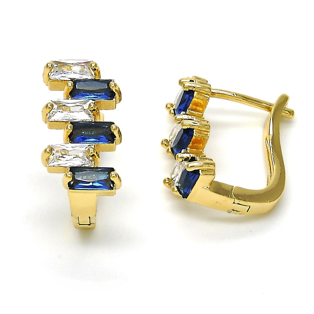 Oro Laminado Huggie Hoop, Gold Filled Style Baguette Design, with Sapphire Blue and White Cubic Zirconia, Polished, Golden Finish