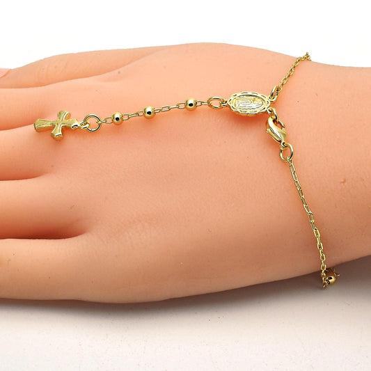 Oro Laminado Bracelet Rosary, Gold Filled Style Guadalupe and Cross Design, Polished, Golden Finish