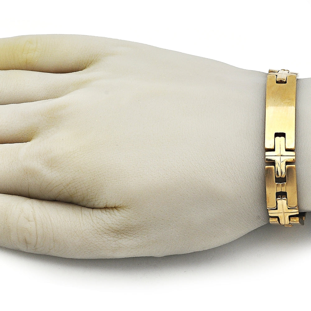 Stainless Steel Solid Bracelet, Cross Design, Polished, Golden Finish