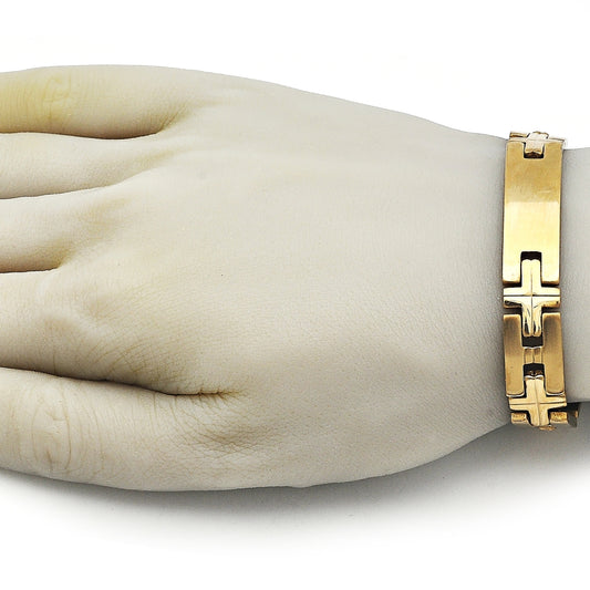 Stainless Steel Solid Bracelet, Cross Design, Polished, Golden Finish