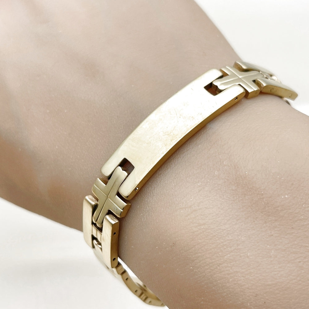 Stainless Steel Solid Bracelet, Cross Design, Polished, Golden Finish