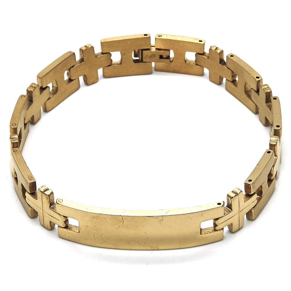 Stainless Steel Solid Bracelet, Cross Design, Polished, Golden Finish