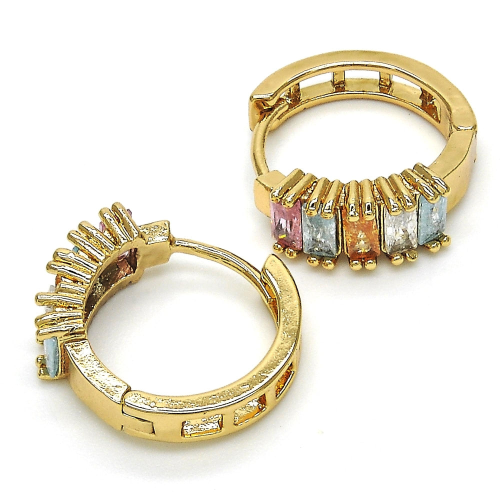 Oro Laminado Huggie Hoop, Gold Filled Style with Multicolor Cubic Zirconia, Polished, Golden Finish