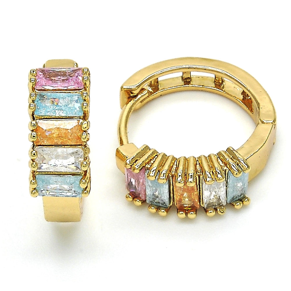 Oro Laminado Huggie Hoop, Gold Filled Style with Multicolor Cubic Zirconia, Polished, Golden Finish