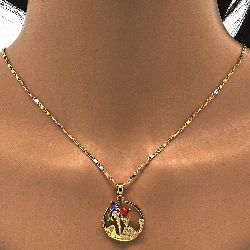 Oro Laminado Earring and Pendant Adult Set, Gold Filled Style Flower and Leaf Design, with Multicolor Cubic Zirconia, Polished, Golden Finish