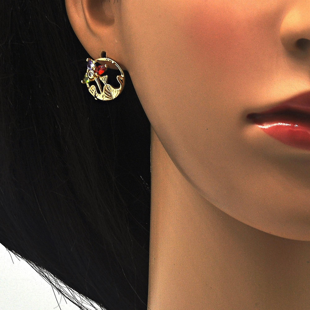 Oro Laminado Earring and Pendant Adult Set, Gold Filled Style Flower and Leaf Design, with Multicolor Cubic Zirconia, Polished, Golden Finish
