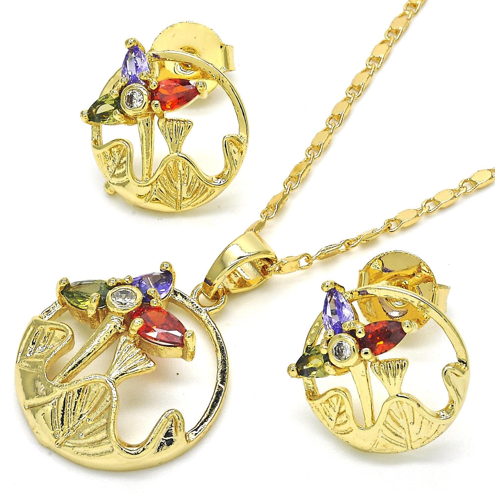 Oro Laminado Earring and Pendant Adult Set, Gold Filled Style Flower and Leaf Design, with Multicolor Cubic Zirconia, Polished, Golden Finish