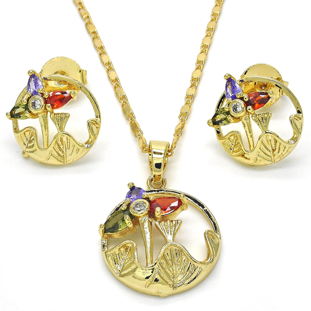 Oro Laminado Earring and Pendant Adult Set, Gold Filled Style Flower and Leaf Design, with Multicolor Cubic Zirconia, Polished, Golden Finish