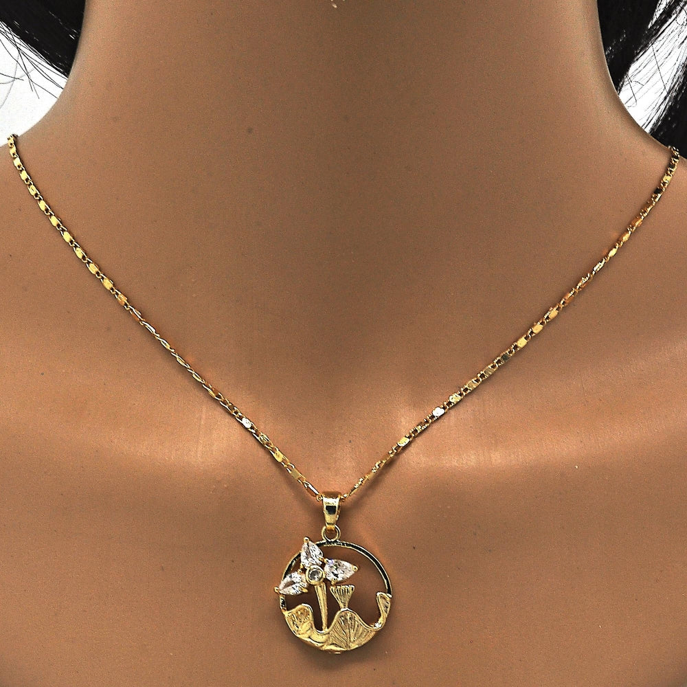Oro Laminado Earring and Pendant Adult Set, Gold Filled Style Flower and Leaf Design, with White Cubic Zirconia, Polished, Golden Finish