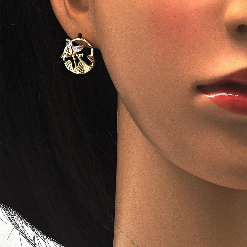 Oro Laminado Earring and Pendant Adult Set, Gold Filled Style Flower and Leaf Design, with White Cubic Zirconia, Polished, Golden Finish