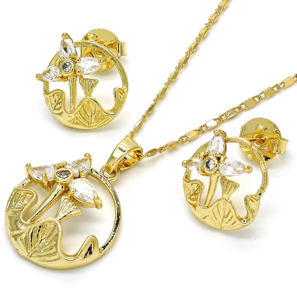 Oro Laminado Earring and Pendant Adult Set, Gold Filled Style Flower and Leaf Design, with White Cubic Zirconia, Polished, Golden Finish