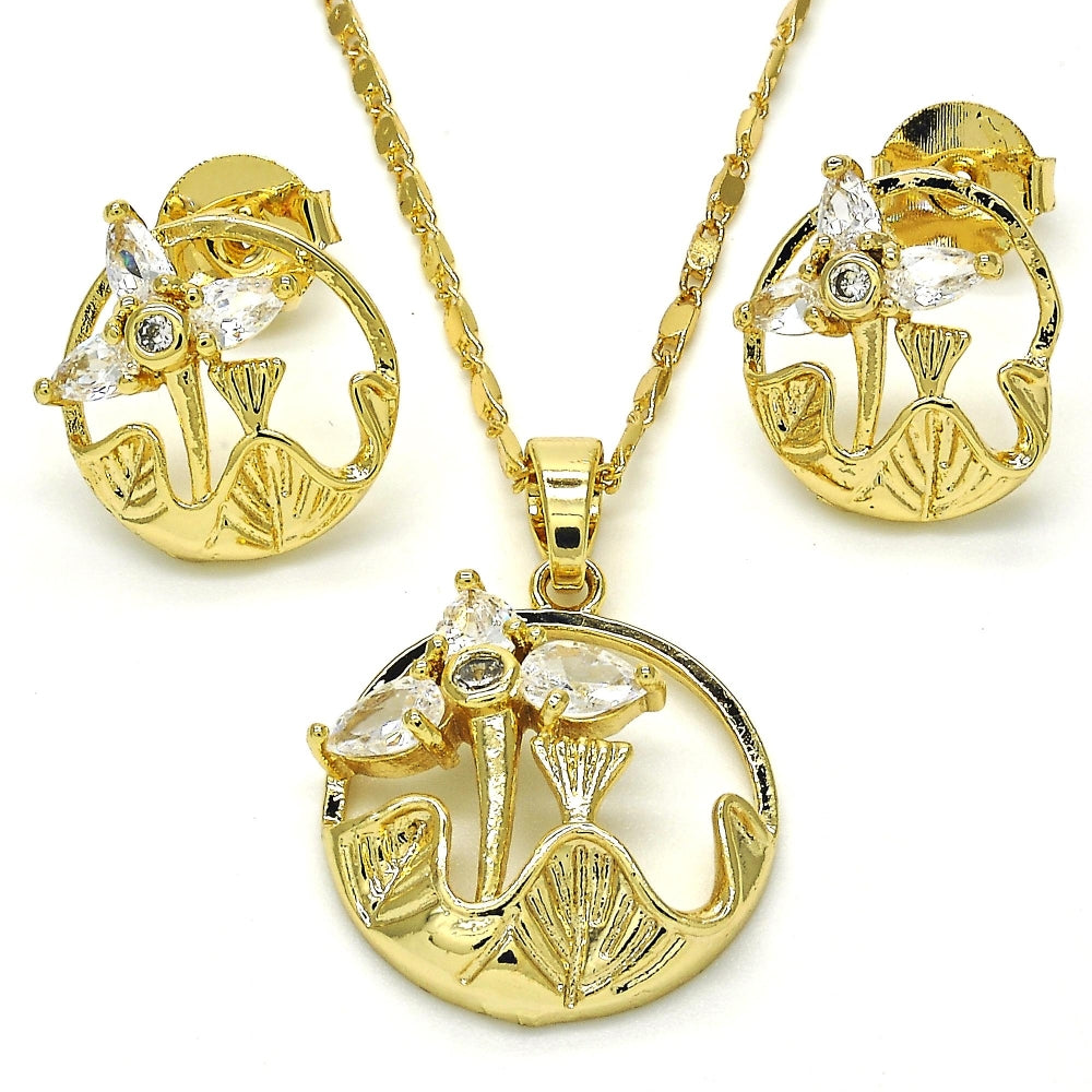 Oro Laminado Earring and Pendant Adult Set, Gold Filled Style Flower and Leaf Design, with White Cubic Zirconia, Polished, Golden Finish