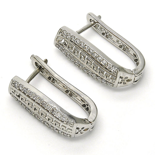 Rhodium Gold Filled Huggie Hoop, Greek Key Design, with White Cubic Zirconia, Polished, Rhodium Finish