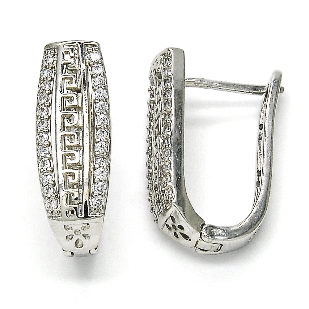 Rhodium Gold Filled Huggie Hoop, Greek Key Design, with White Cubic Zirconia, Polished, Rhodium Finish