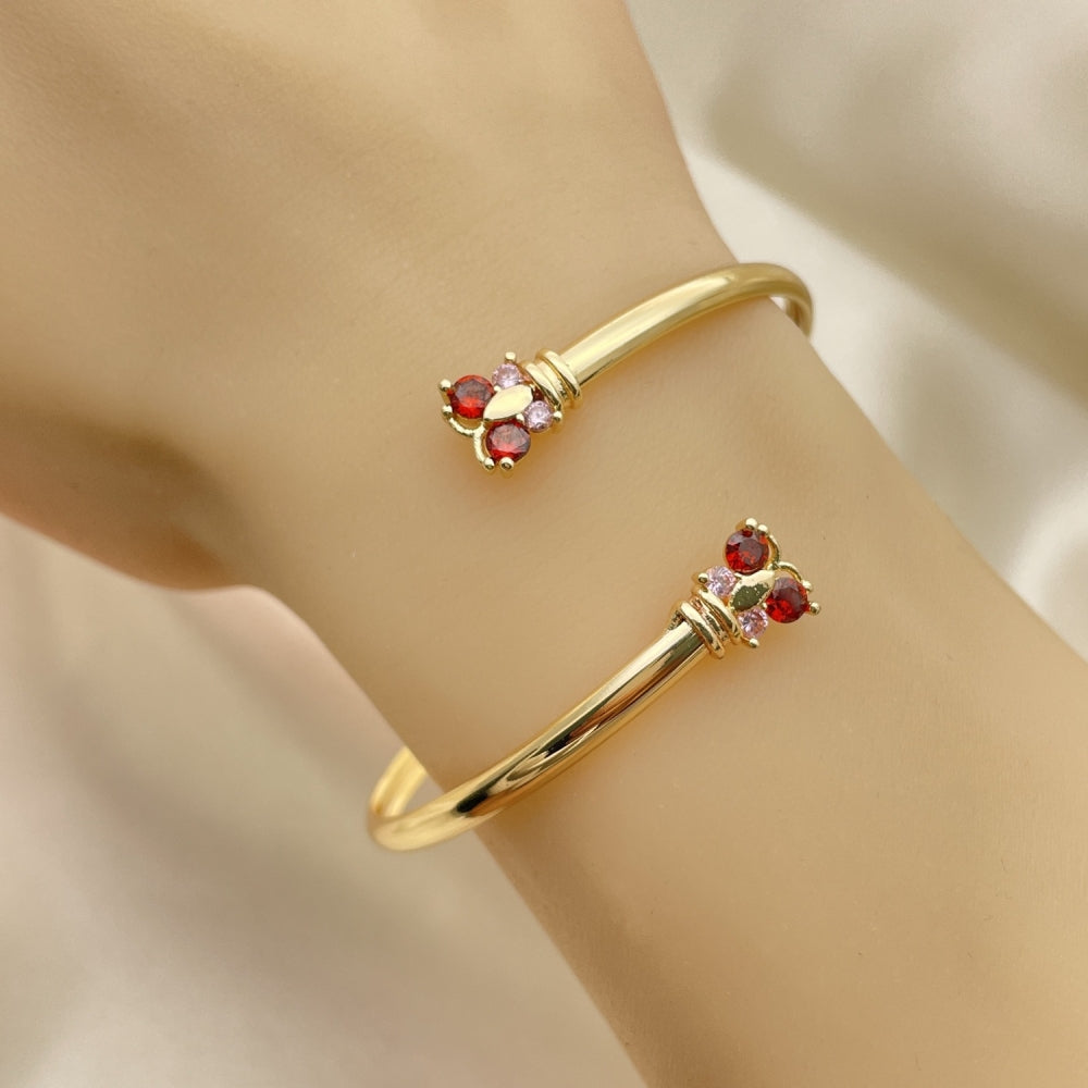 Oro Laminado Individual Bangle, Gold Filled Style Butterfly Design, with Garnet and Pink Cubic Zirconia, Polished, Golden Finish