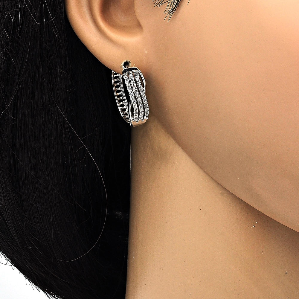 Rhodium Gold Filled Huggie Hoop, with White Micro Pave, Polished, Rhodium Finish