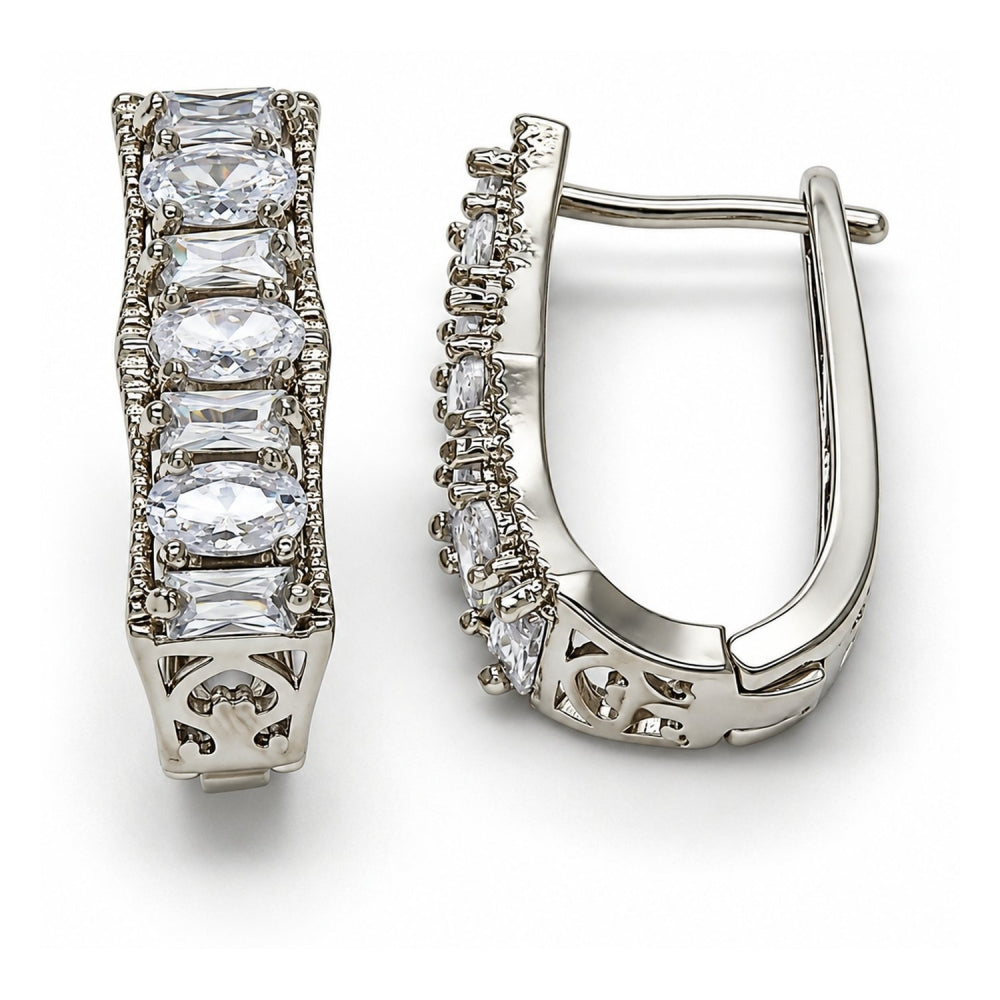 White Gold Filled Huggie Hoop, Baguette Design, with White Cubic Zirconia, Polished, Rhodium Finish