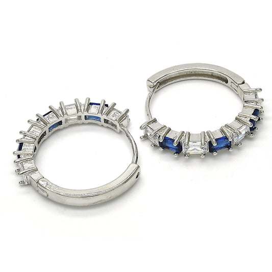 Rhodium Gold Filled Huggie Hoop, with Sapphire Blue and White Cubic Zirconia, Polished, Rhodium Finish