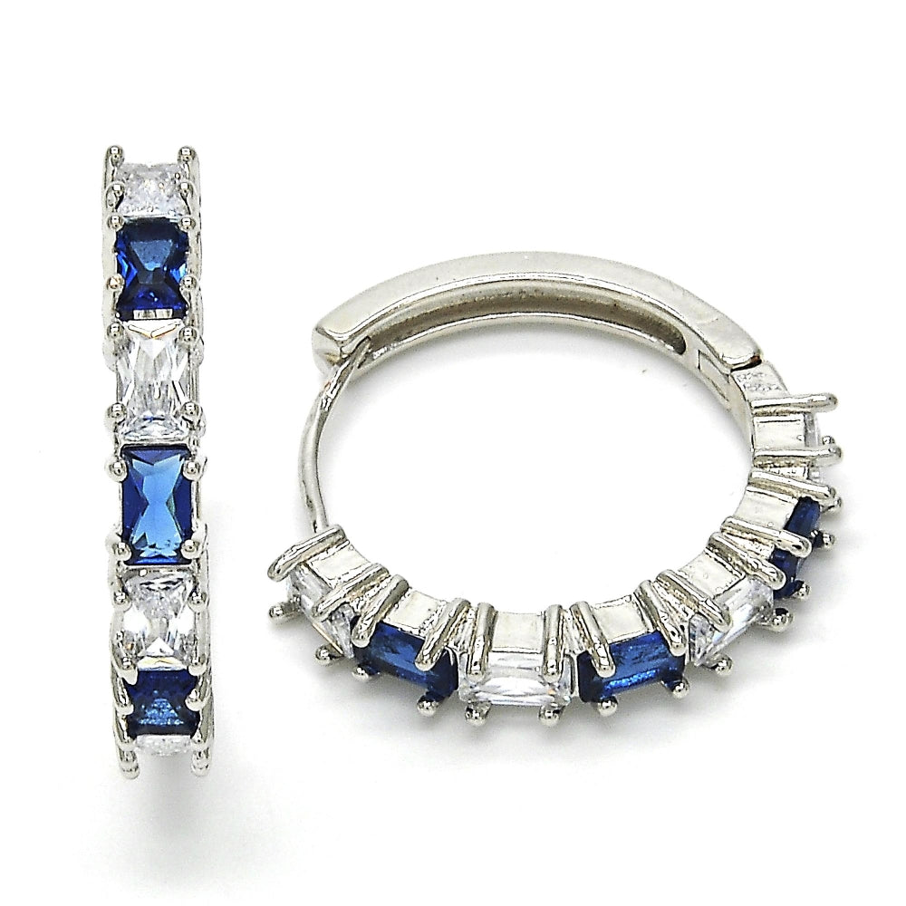 Rhodium Gold Filled Huggie Hoop, with Sapphire Blue and White Cubic Zirconia, Polished, Rhodium Finish