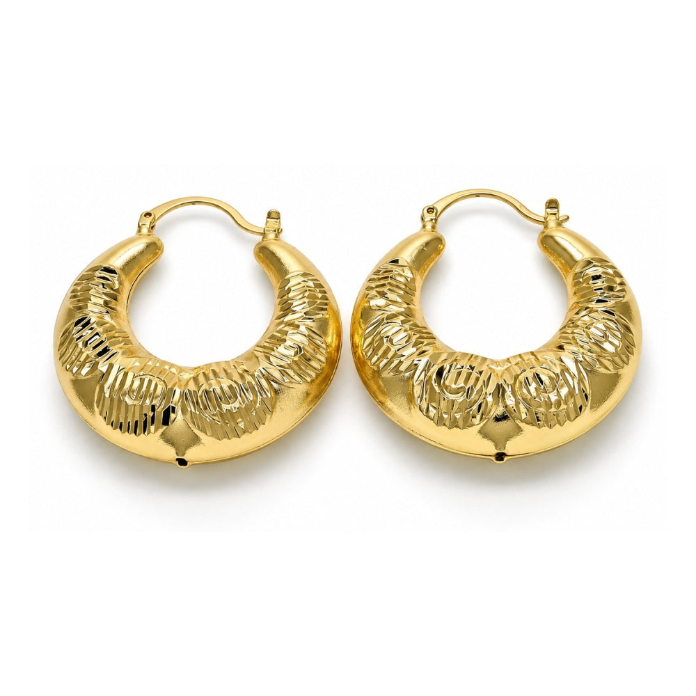 Oro Laminado Medium Hoop, Gold Filled Style Spiral and Hollow Design, Diamond Cutting Finish, Golden Finish