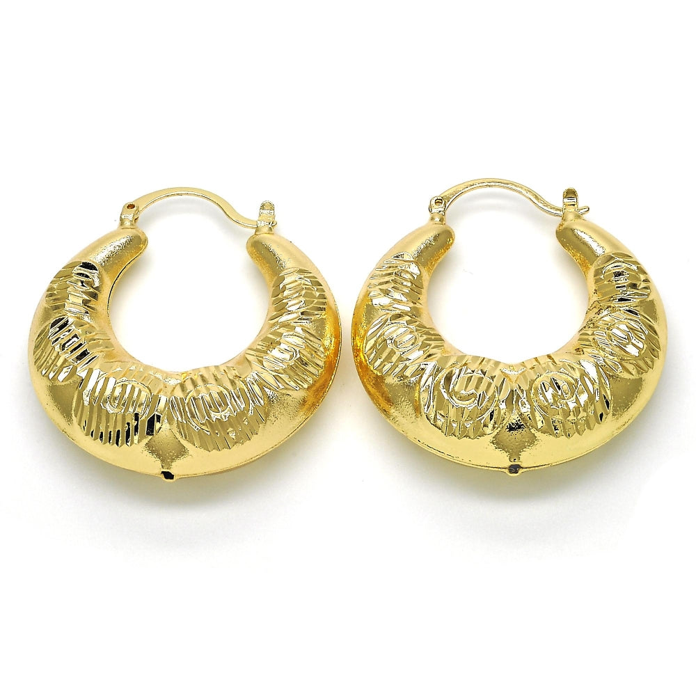Oro Laminado Medium Hoop, Gold Filled Style Spiral and Hollow Design, Diamond Cutting Finish, Golden Finish