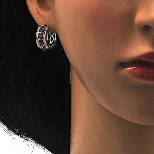 Rhodium Gold Filled Huggie Hoop, with Garnet and White Cubic Zirconia, Polished, Rhodium Finish