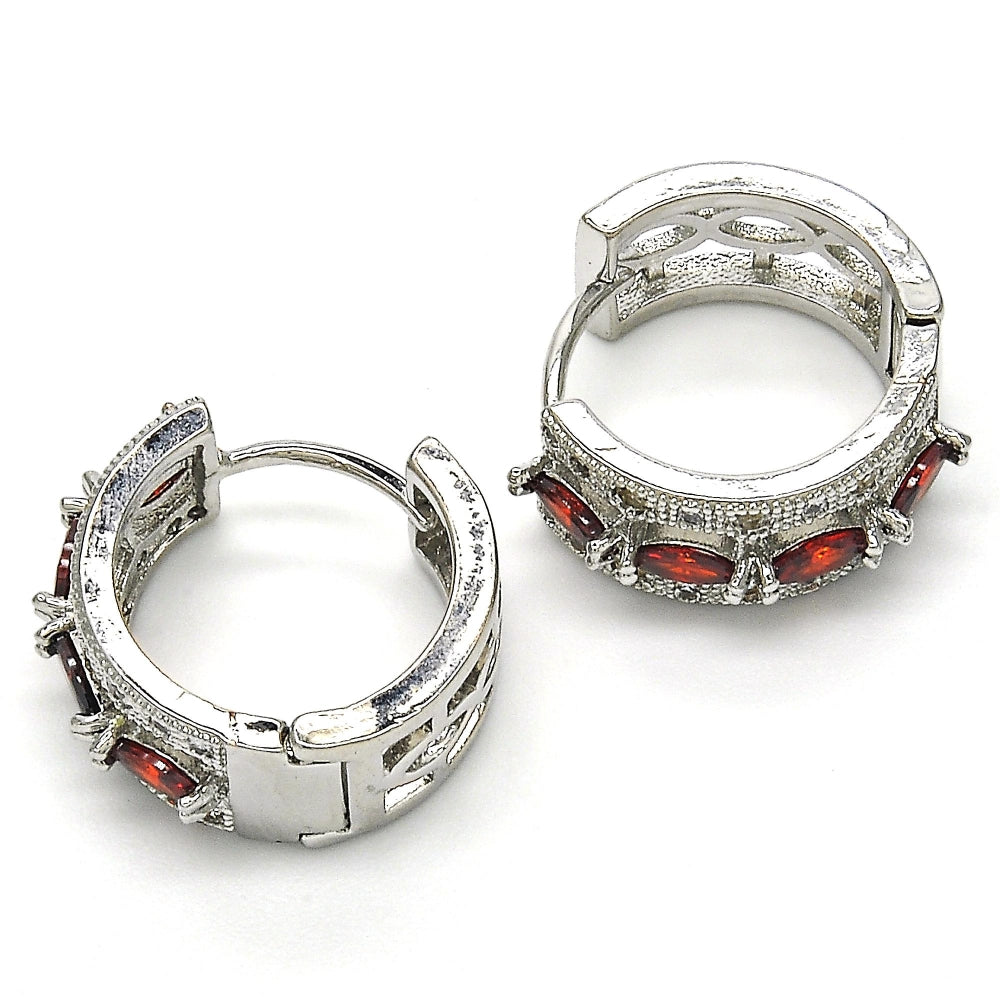 Rhodium Gold Filled Huggie Hoop, with Garnet and White Cubic Zirconia, Polished, Rhodium Finish