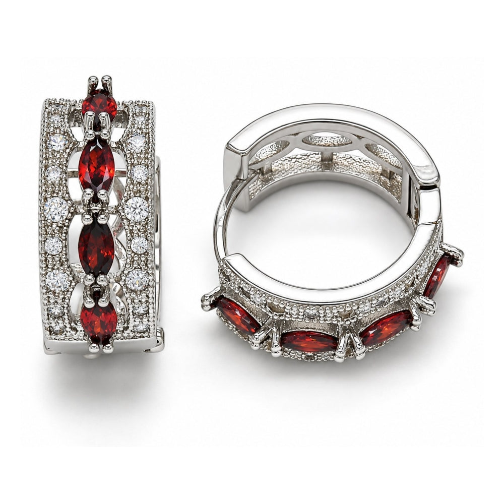 Rhodium Gold Filled Huggie Hoop, with Garnet and White Cubic Zirconia, Polished, Rhodium Finish