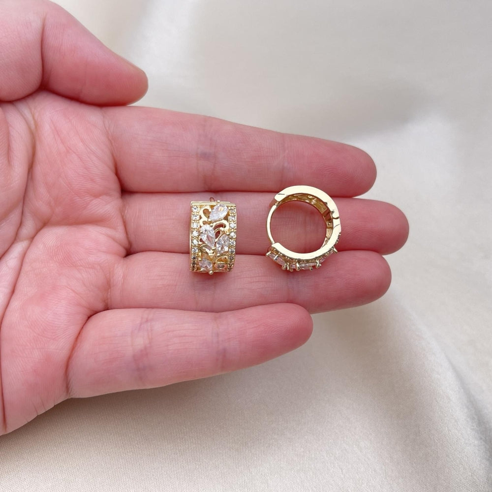 Oro Laminado Huggie Hoop, Gold Filled Style Leaf and Teardrop Design, with White Cubic Zirconia, Polished, Golden Finish