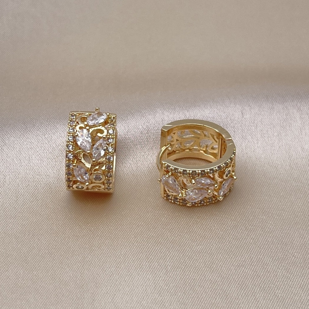 Oro Laminado Huggie Hoop, Gold Filled Style Leaf and Teardrop Design, with White Cubic Zirconia, Polished, Golden Finish