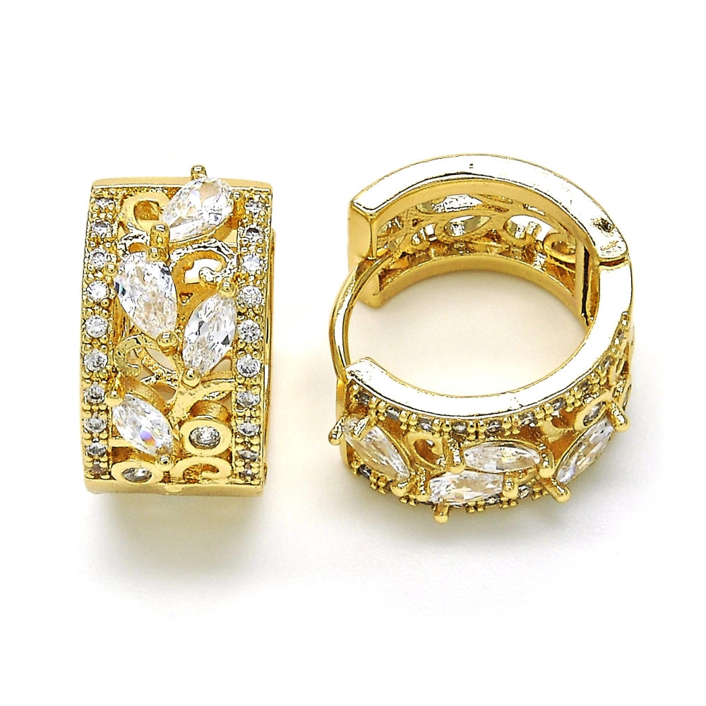 Oro Laminado Huggie Hoop, Gold Filled Style Leaf and Teardrop Design, with White Cubic Zirconia, Polished, Golden Finish