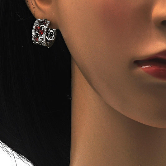 Rhodium Gold Filled Huggie Hoop, Teardrop and Leaf Design, with Garnet and White Cubic Zirconia, Polished, Rhodium Finish