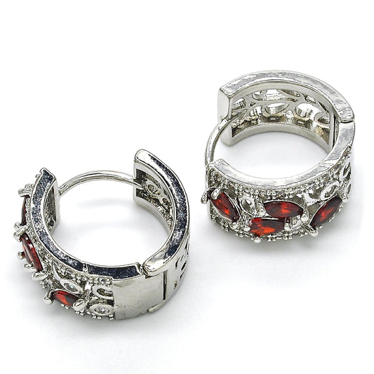Rhodium Gold Filled Huggie Hoop, Teardrop and Leaf Design, with Garnet and White Cubic Zirconia, Polished, Rhodium Finish