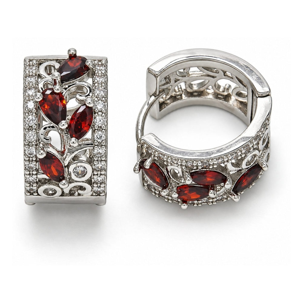 Rhodium Gold Filled Huggie Hoop, Teardrop and Leaf Design, with Garnet and White Cubic Zirconia, Polished, Rhodium Finish