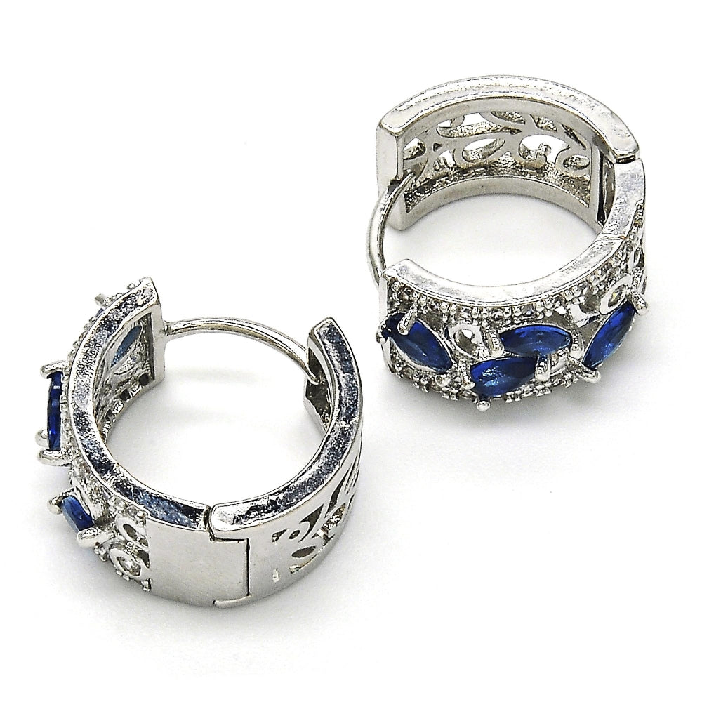 Rhodium Gold Filled Huggie Hoop, Teardrop and Leaf Design, with Sapphire Blue and White Cubic Zirconia, Polished, Rhodium Finish