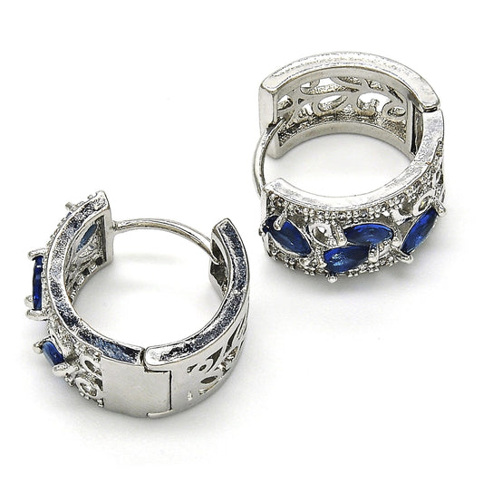 Rhodium Gold Filled Huggie Hoop, Teardrop and Leaf Design, with Sapphire Blue and White Cubic Zirconia, Polished, Rhodium Finish