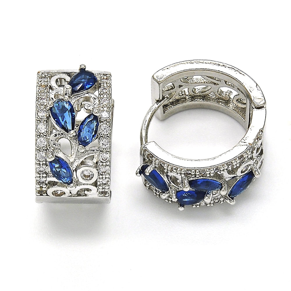 Rhodium Gold Filled Huggie Hoop, Teardrop and Leaf Design, with Sapphire Blue and White Cubic Zirconia, Polished, Rhodium Finish