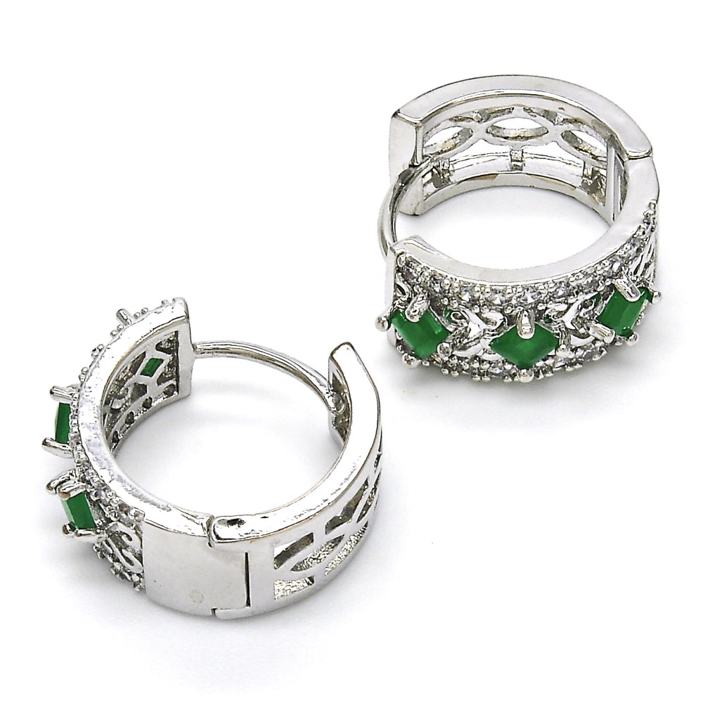 Rhodium Gold Filled Huggie Hoop, with Green and White Cubic Zirconia, Polished, Rhodium Finish