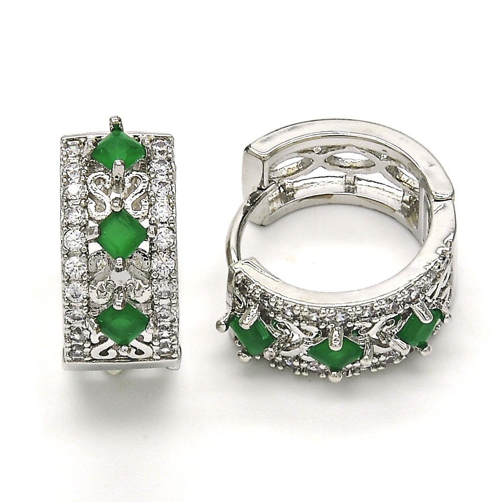 Rhodium Gold Filled Huggie Hoop, with Green and White Cubic Zirconia, Polished, Rhodium Finish