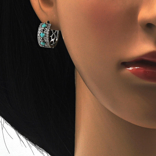 Rhodium Gold Filled Huggie Hoop, with Turquoise and White Cubic Zirconia, Polished, Rhodium Finish