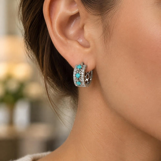 White Gold Filled Huggie Hoop, with Turquoise and White Cubic Zirconia, Polished, Rhodium Finish