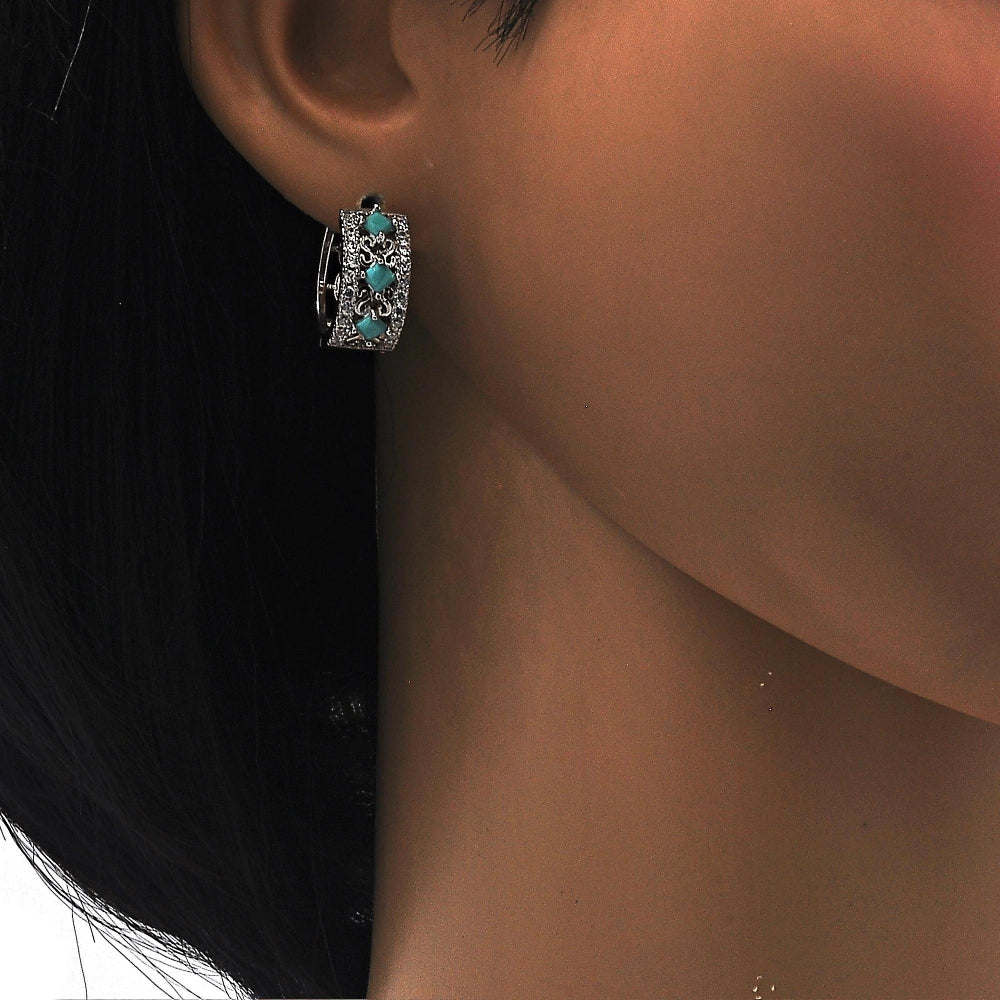 Rhodium Gold Filled Huggie Hoop, with Turquoise and White Cubic Zirconia, Polished, Rhodium Finish