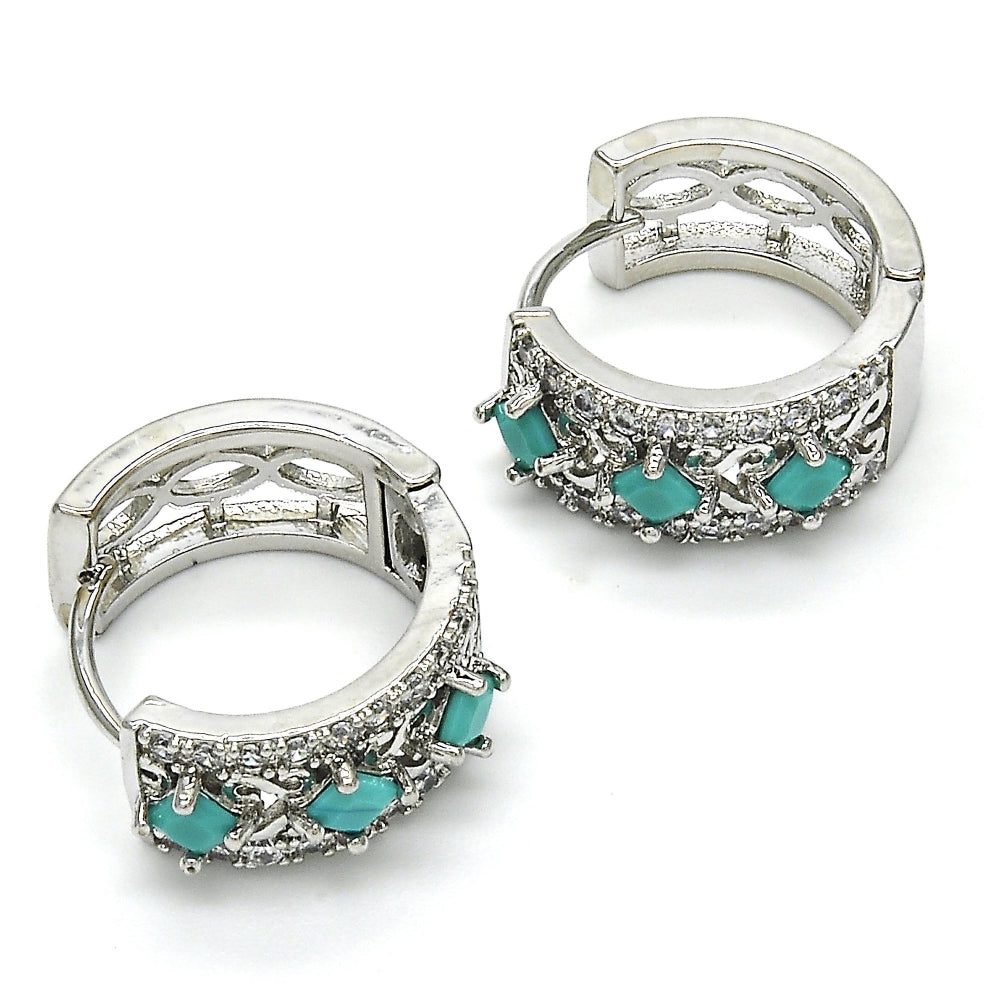 Rhodium Gold Filled Huggie Hoop, with Turquoise and White Cubic Zirconia, Polished, Rhodium Finish