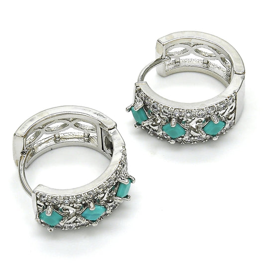 Rhodium Gold Filled Huggie Hoop, with Turquoise and White Cubic Zirconia, Polished, Rhodium Finish