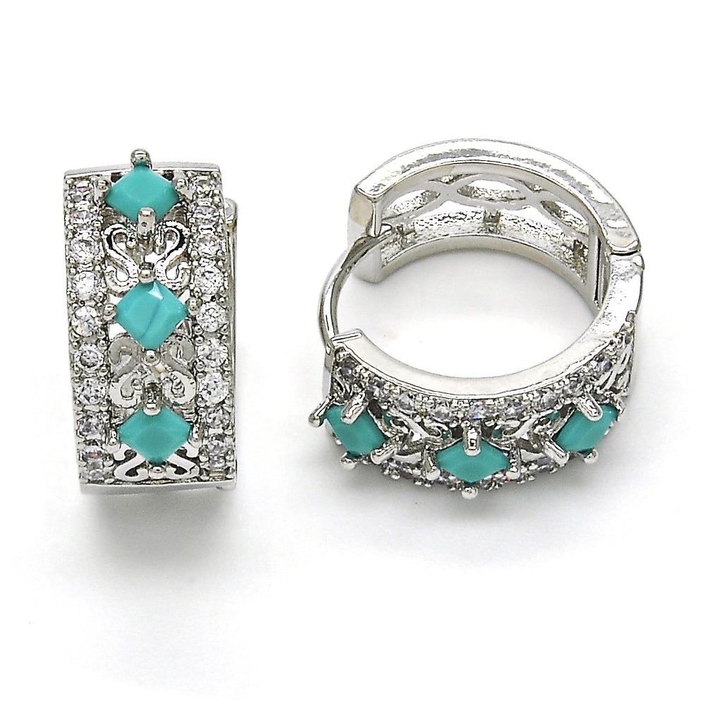Rhodium Gold Filled Huggie Hoop, with Turquoise and White Cubic Zirconia, Polished, Rhodium Finish